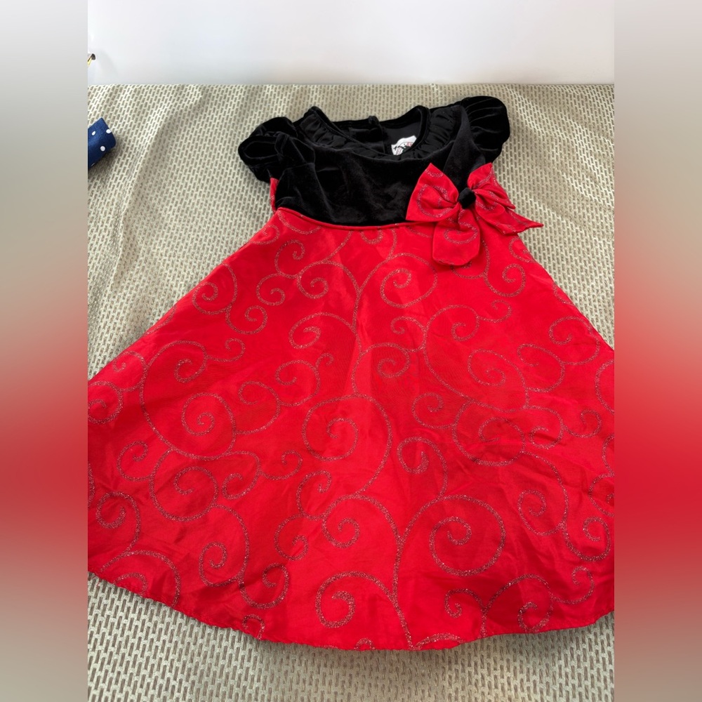 Good Lad Girls Red Black Holiday Party Dress Velvet Bodice & Glitter Scroll 18M